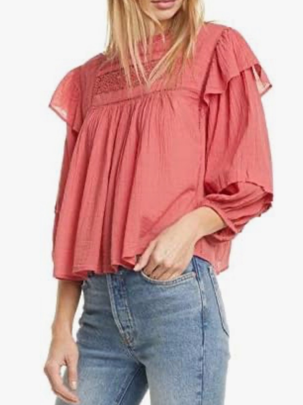 Free People Laura Flutter-Sleeve Blouse in Red Berry